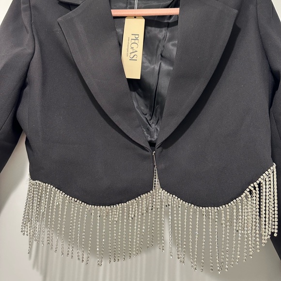 Rhinestone Fringe Point Collar Long Sleeve Coordinating Jacket & Crepe Skirt - Picture 8 of 13